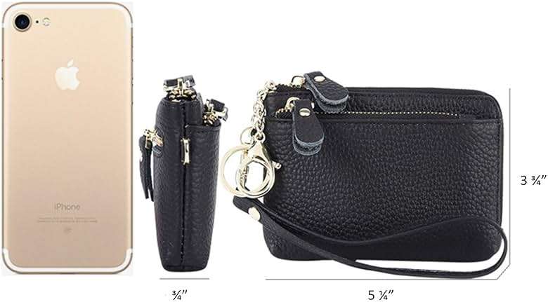 Women Genuine Real Leather Coin Purse with Hand Strap. 3 Zipper Small Wallet Wristlet with 3 credit cards slots Holder - Black - Image 3