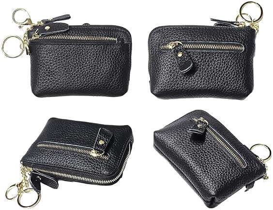 Women Genuine Real Leather Coin Purse with Hand Strap. 3 Zipper Small Wallet Wristlet with 3 credit cards slots Holder - Black - Image 4