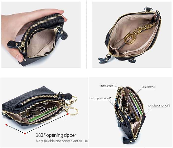 Women Genuine Real Leather Coin Purse with Hand Strap. 3 Zipper Small Wallet Wristlet with 3 credit cards slots Holder - Black - Image 5
