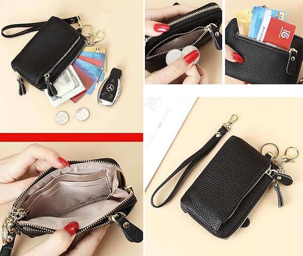Women Genuine Real Leather Coin Purse with Hand Strap. 3 Zipper Small Wallet Wristlet with 3 credit cards slots Holder - Black - Image 6