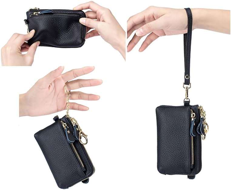 Women Genuine Real Leather Coin Purse with Hand Strap. 3 Zipper Small Wallet Wristlet with 3 credit cards slots Holder - Black - Image 7