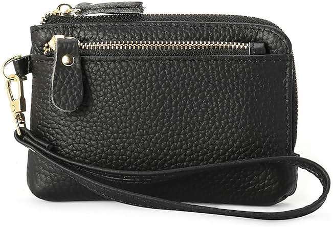 Women Genuine Real Leather Coin Purse with Hand Strap. 3 Zipper Small Wallet Wristlet with 3 credit cards slots Holder - Black - Image 8