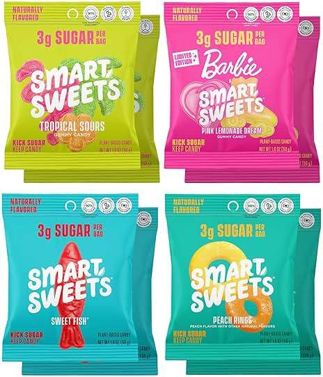 SmartSweets Variety Pack Candy, 1.8oz (Pack of 8), Candy With Low Sugar & Calorie, Healthy Snacks For Kids & Adults - Sweet Fish, Peach Rings, Tropical Sours, Barbie Pink Lemonade Dream - Image 1