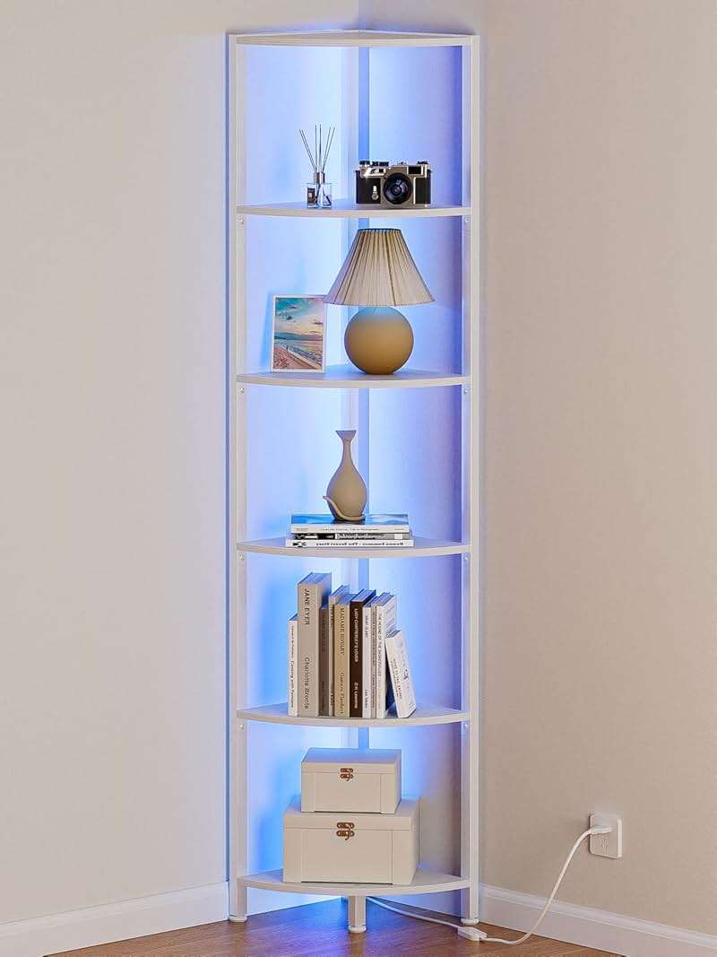 Furnulem 6 Tier Corner Shelf with LED Light, 67.5” Tall Standing Shelf Organizer, White Narrow Bookshelf with Storage Rack for Wall Corner, Living Room, Bedroom, Metal Frame, Wood Display Shelf - Image 1