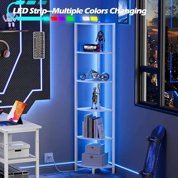 Furnulem 6 Tier Corner Shelf with LED Light, 67.5” Tall Standing Shelf Organizer, White Narrow Bookshelf with Storage Rack for Wall Corner, Living Room, Bedroom, Metal Frame, Wood Display Shelf - Image 5