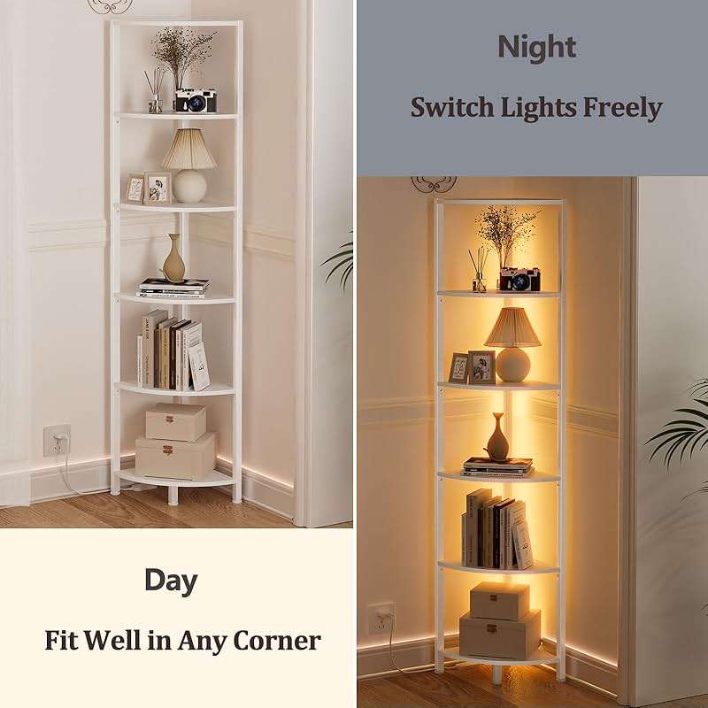 Furnulem 6 Tier Corner Shelf with LED Light, 67.5” Tall Standing Shelf Organizer, White Narrow Bookshelf with Storage Rack for Wall Corner, Living Room, Bedroom, Metal Frame, Wood Display Shelf - Image 6
