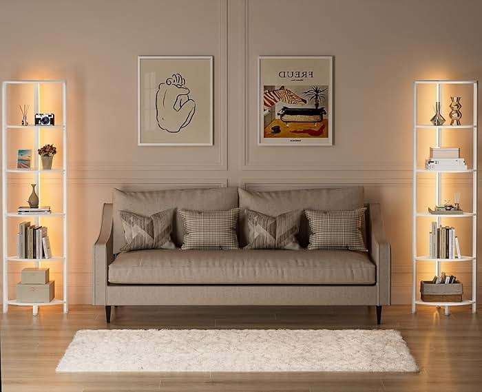 Furnulem 6 Tier Corner Shelf with LED Light, 67.5” Tall Standing Shelf Organizer, White Narrow Bookshelf with Storage Rack for Wall Corner, Living Room, Bedroom, Metal Frame, Wood Display Shelf - Image 7