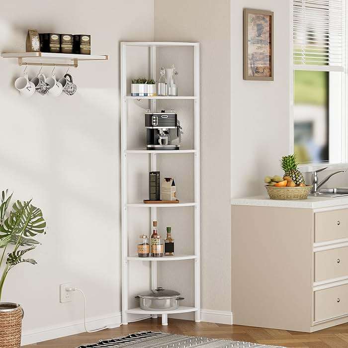 Furnulem 6 Tier Corner Shelf with LED Light, 67.5” Tall Standing Shelf Organizer, White Narrow Bookshelf with Storage Rack for Wall Corner, Living Room, Bedroom, Metal Frame, Wood Display Shelf - Image 9