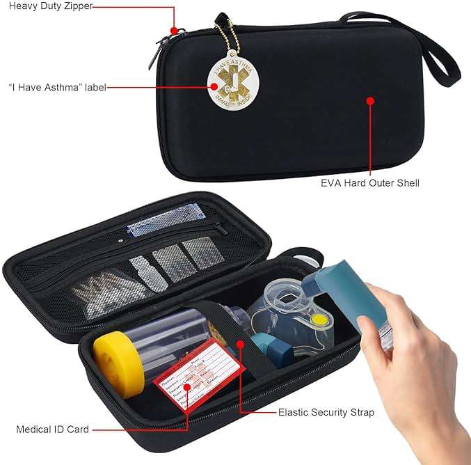 MGZNMTY Travel Carrying Case Compatible with Asthma Inhaler Spacer for Adults and Children, Masks, Inhaler Holder with Asthma Alert Tag and Medical Card, Carabiner (Only Case) (Black) - Image 5