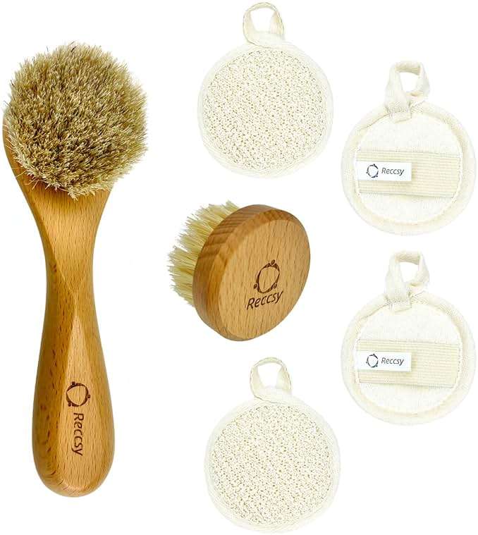 Reccsy Face Brush Set - Soft Natural Bristle Facial Dry Brush for Lymphatic Drainage & Face Exfoliator Brush - Includes 4 Reusable Cleansing Pads - Image 1