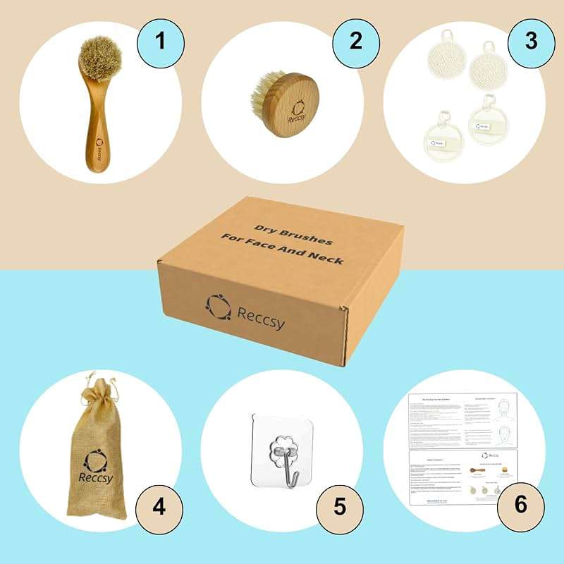 Reccsy Face Brush Set - Soft Natural Bristle Facial Dry Brush for Lymphatic Drainage & Face Exfoliator Brush - Includes 4 Reusable Cleansing Pads - Image 6