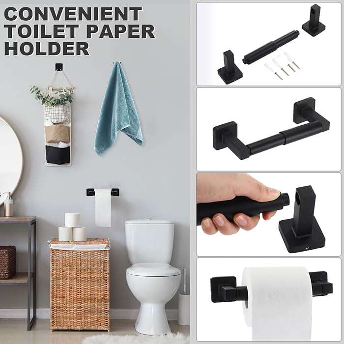 Gisafai 15 Pcs Matte Black Bathroom Hardware Set, Towel Bar Set Stainless Steel Bathroom Accessories 23.6/16 Inches Towel Bar Ring Robe Hooks Toilet Paper Holder Wall Mounted - Image 5