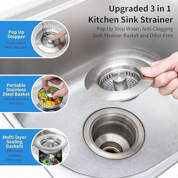 Upgraded 3 in 1 Kitchen Sink Drain Strainer - Stainless Steel Sink Stopper, Anti-Clogging Sink Food Catcher Basket, Fast Drainage Odor Filter Sink Plug for US Standard 3 1/2 inch Drain (Silver-1Pack) - Image 3