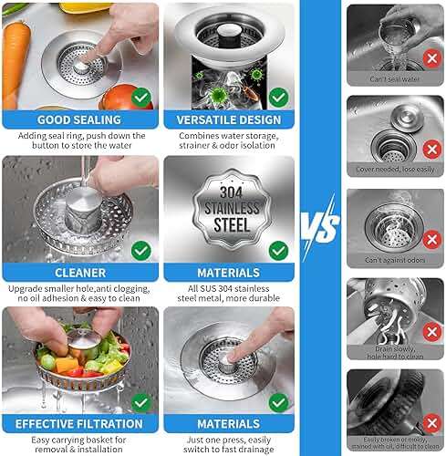Upgraded 3 in 1 Kitchen Sink Drain Strainer - Stainless Steel Sink Stopper, Anti-Clogging Sink Food Catcher Basket, Fast Drainage Odor Filter Sink Plug for US Standard 3 1/2 inch Drain (Silver-1Pack) - Image 4
