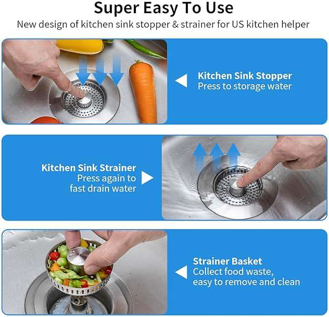 Upgraded 3 in 1 Kitchen Sink Drain Strainer - Stainless Steel Sink Stopper, Anti-Clogging Sink Food Catcher Basket, Fast Drainage Odor Filter Sink Plug for US Standard 3 1/2 inch Drain (Silver-1Pack) - Image 5