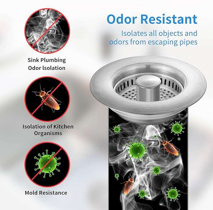 Upgraded 3 in 1 Kitchen Sink Drain Strainer - Stainless Steel Sink Stopper, Anti-Clogging Sink Food Catcher Basket, Fast Drainage Odor Filter Sink Plug for US Standard 3 1/2 inch Drain (Silver-1Pack) - Image 6