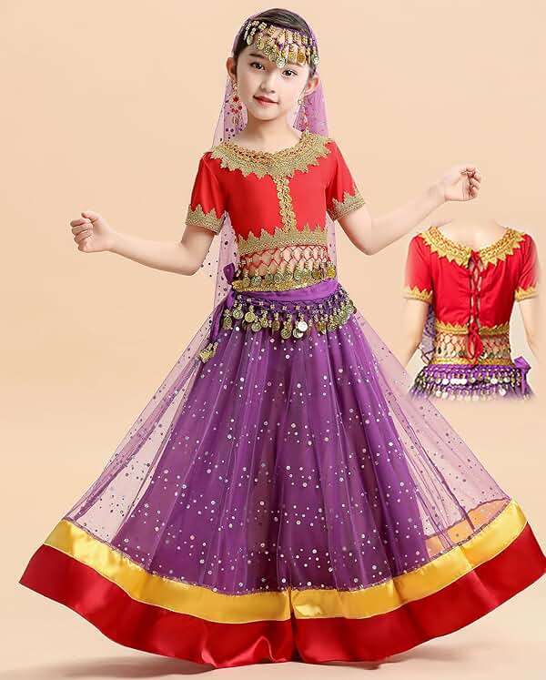 ORIDOOR Belly Dance Dress Girls Indian Bollywood Halloween Costume Chiffon Skirts Shiny Belly Dance Suits - Image 3