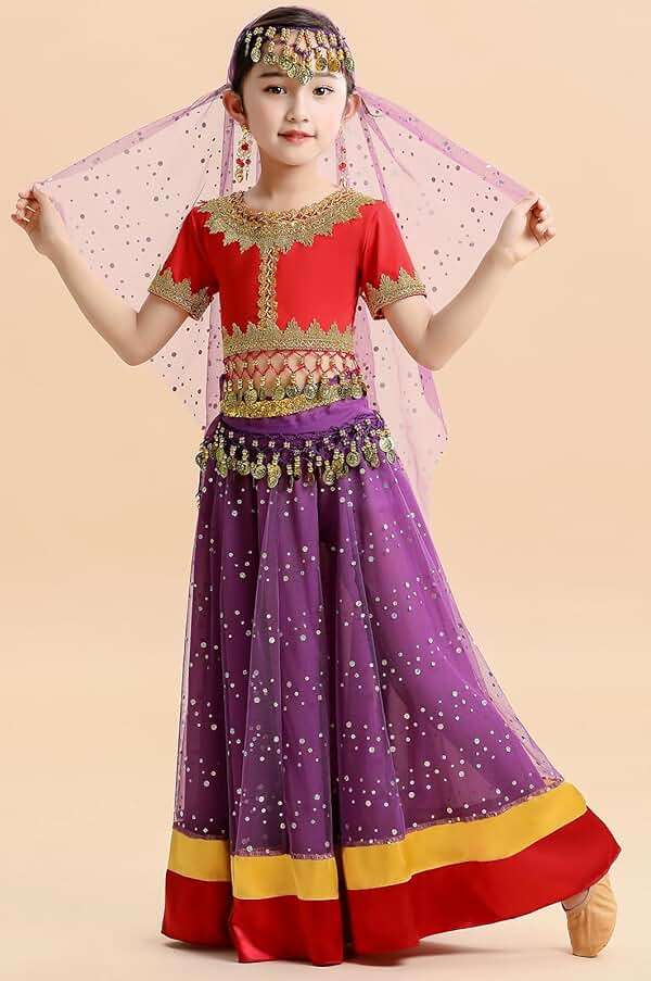 ORIDOOR Belly Dance Dress Girls Indian Bollywood Halloween Costume Chiffon Skirts Shiny Belly Dance Suits - Image 4