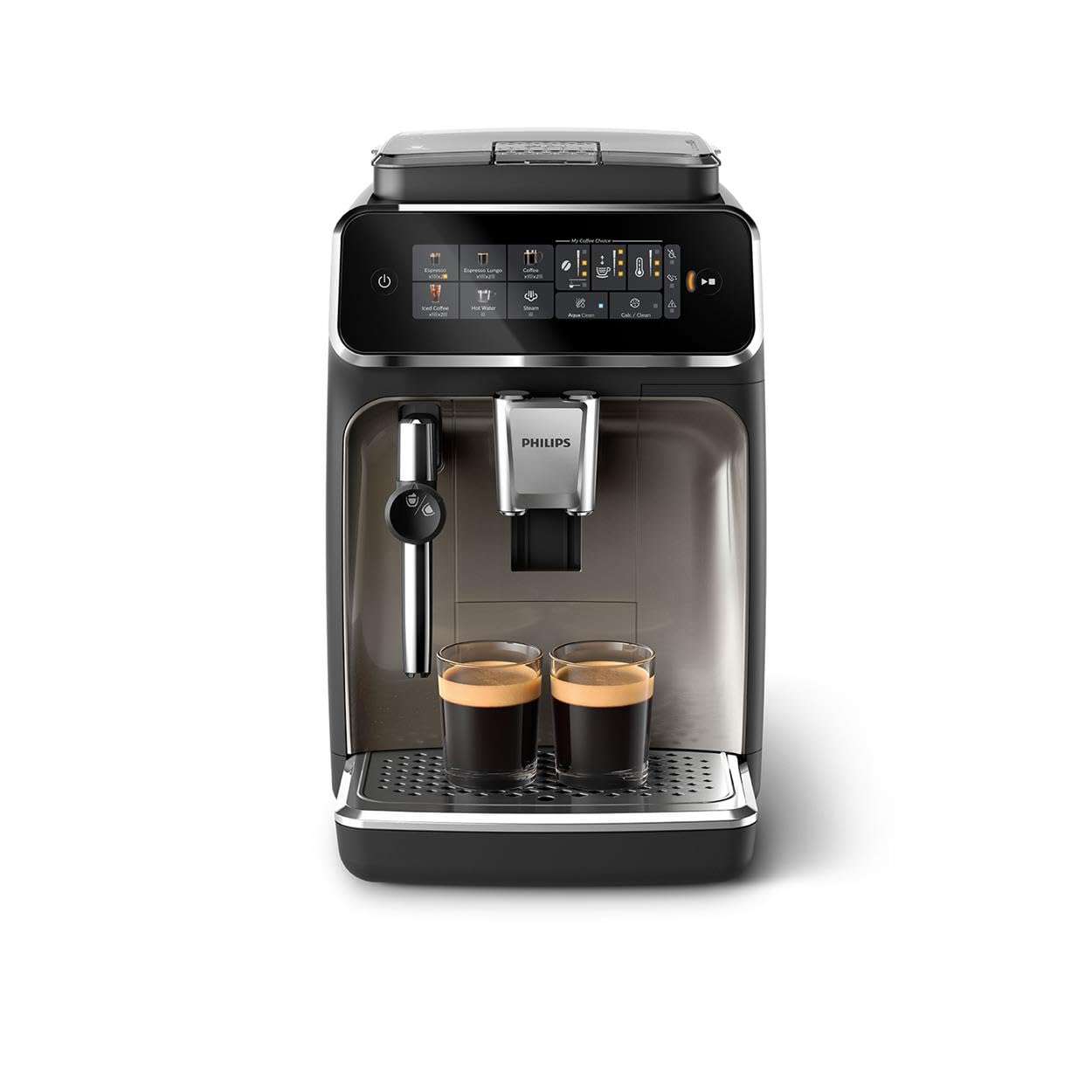 Philips 3300 Series Fully Automatic Espresso Machine with integrated milk frother and grinder, 5 Hot & Iced Coffee Pre-Sets, 40% Quieter SilentBrew, 15-Bar Pressure, Glossy Black (EP3326/90) - Image 1