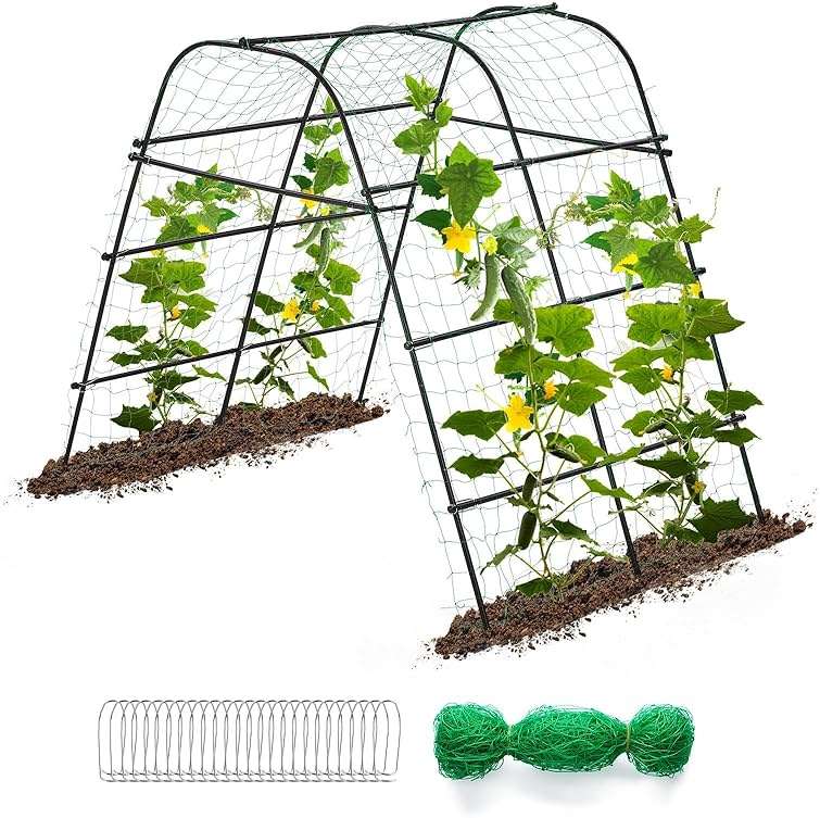 IDEA FAMILY Cucumber Trellis for Raised Bed 67" x 67" U-Frame Garden Arch Tunnel with Netting Vegetable Fruit Flower Lightweight Metal Plant Support for Climbing Plants Outdoor,Black - Image 1