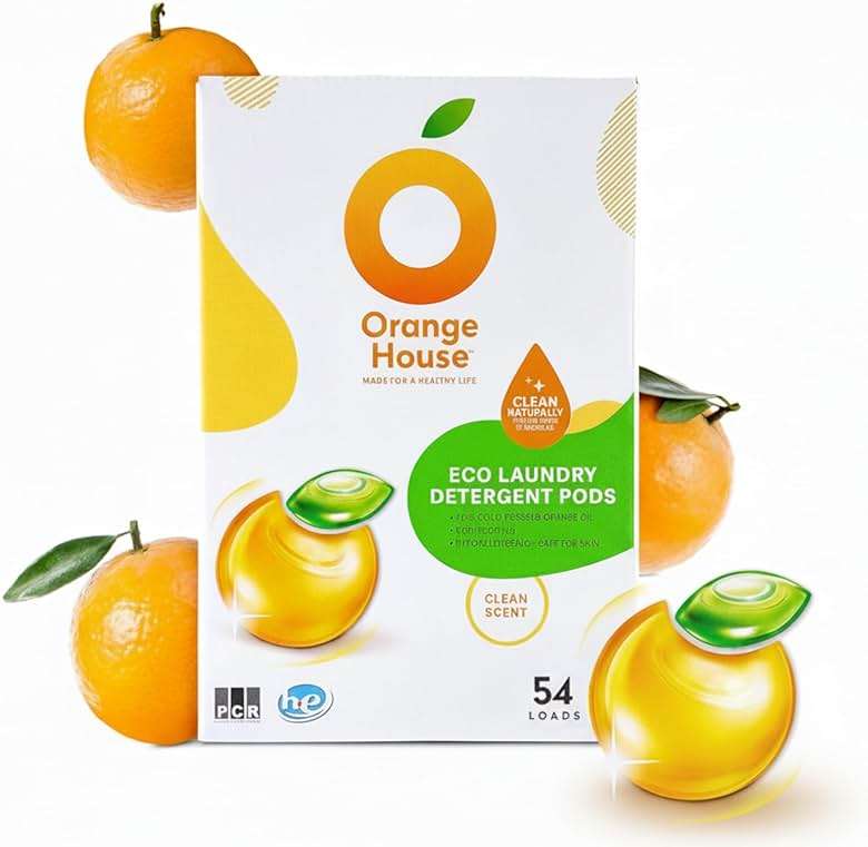 ORANGE HOUSE Laundry Detergent Pods, Natural Plant-Based Detergent with Orange Oil | Hypoallergenic, Free & Clear, Scent-Free, HE & Standard Machine Compatible, Gentle for Sensitive Skin, 54 Count - Image 1