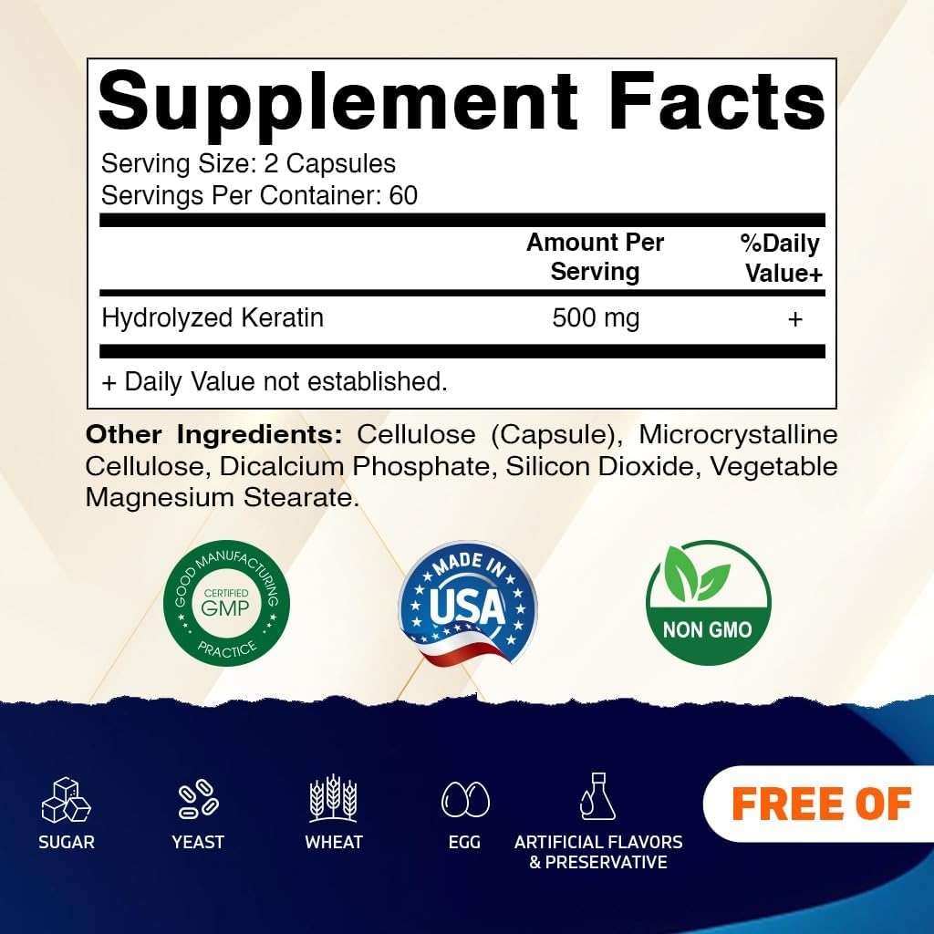 Vitamatic Hydrolyzed Keratin 500mg per Serving - 120 Vegetarian Capsules - Keratin Supplements for Healthy Hair Skin & Nails for Adults - Image 2