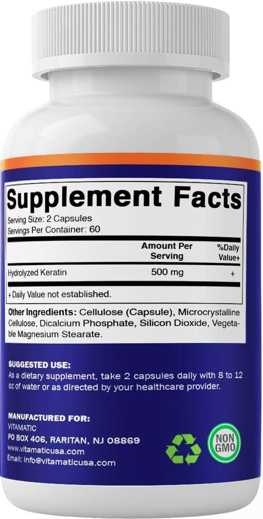 Vitamatic Hydrolyzed Keratin 500mg per Serving - 120 Vegetarian Capsules - Keratin Supplements for Healthy Hair Skin & Nails for Adults - Image 8