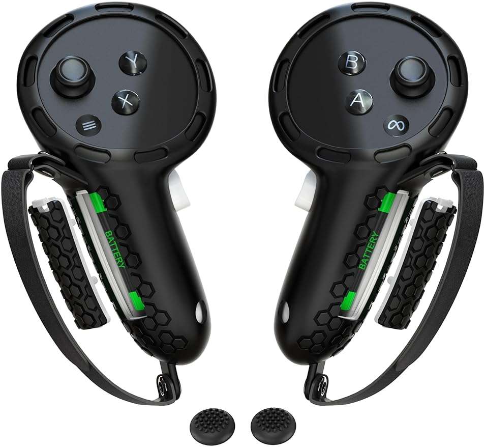 Controller Grips Compatible with Meta Quest 3S Oculus Quest 3 Controllers Straps Knuckle Hand Strap with Battery Opening Covers with Thumbsticks Covers Black, Batteries Not Included - Image 1