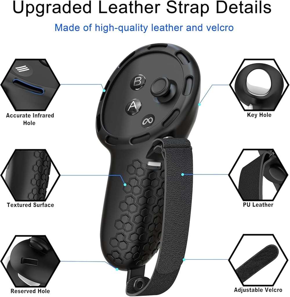 Controller Grips Compatible with Meta Quest 3S Oculus Quest 3 Controllers Straps Knuckle Hand Strap with Battery Opening Covers with Thumbsticks Covers Black, Batteries Not Included - Image 10