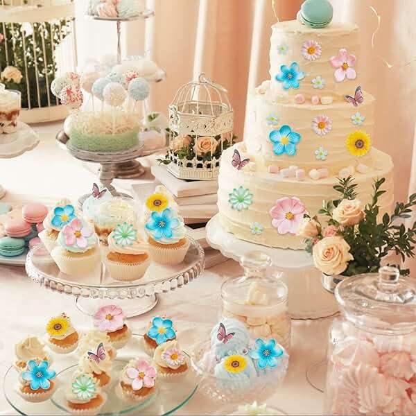 Morofme 55pcs Edible Flower Butterflies Cake Topper Wafer Paper Flower Cupcake Toppers Hawaiian Flower Cake Decorations Mixed Size for Tropical Luau Themed Birthday Baby Shower Party Supplies - Image 5