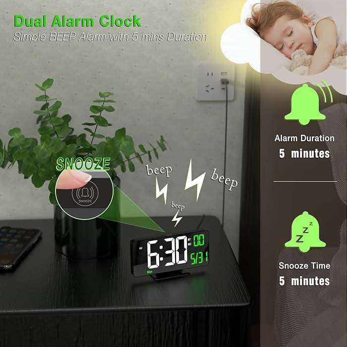KOSUMOSU Desk Clock 6.7in Black Digital Alarm Clock with Dual Alarm, Dimming, Date, Day of Week, Temp, 12h 24h, Digital LED Clock for Table Decor, Digital Calendar Mirror Clocks Essentials - Image 6
