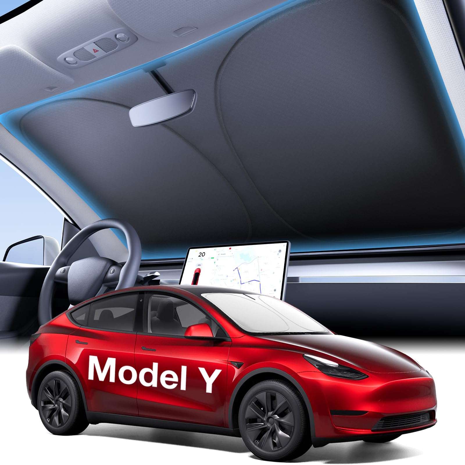 Wigoo Tesla New Model Y Accessories Windshield Sunshade [OEM Design, 100% Sun Blockage] Foldable Heat Insulation Sunshade with Storage Bag, for Model Y 2020~2026 (Juniper), Silver Coating - Image 1