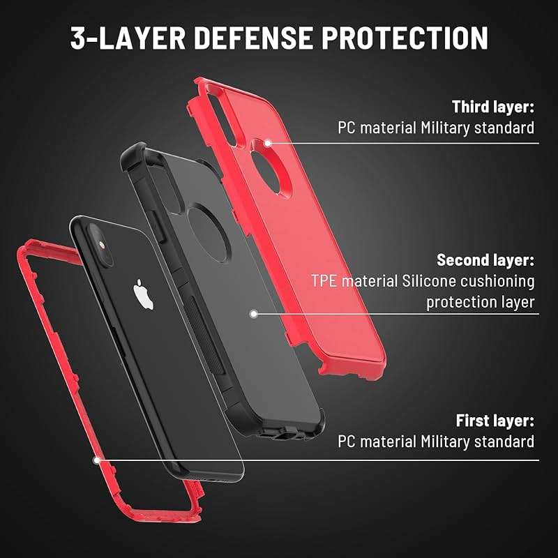 X-belmox for iPhone XR Phone Case [Dropproof] [Shockproof] 3-Layers Heavy Duty Drop Protection, Cover for iPhone XR 6.1 Inch with Tempered Glass Screen Protector, Rugged XR Phone Case - Red Black - Image 2