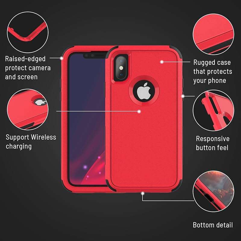 X-belmox for iPhone XR Phone Case [Dropproof] [Shockproof] 3-Layers Heavy Duty Drop Protection, Cover for iPhone XR 6.1 Inch with Tempered Glass Screen Protector, Rugged XR Phone Case - Red Black - Image 7