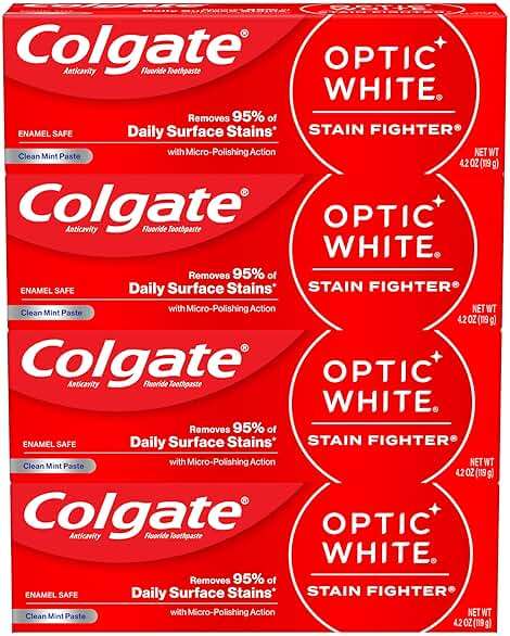 Colgate Optic White Stain Fighter Teeth Whitening Toothpaste, Anticavity Fluoride Toothpaste for Whitening Teeth, Helps Remove Daily Surface Stains, Clean Mint Paste, 4 Pack, 4.2 oz - Image 1