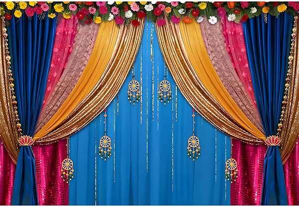 Baocicco 7x5ft India Style Backdrop Photography Curtain Flower Garland Photography Background India Hindu Wedding Traditional Banner Diwali Pooja Decorations for Bride Couple Portrait Props - Image 1