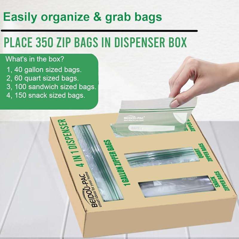 BEIDOU-PAC Combo Storage Zip Bags 350 Count, Resealable Variety Pack With Organizer, Reclosable Clear Plastic Snack, Sandwich, Quart, Gallon Assorted Size Bags - Image 4