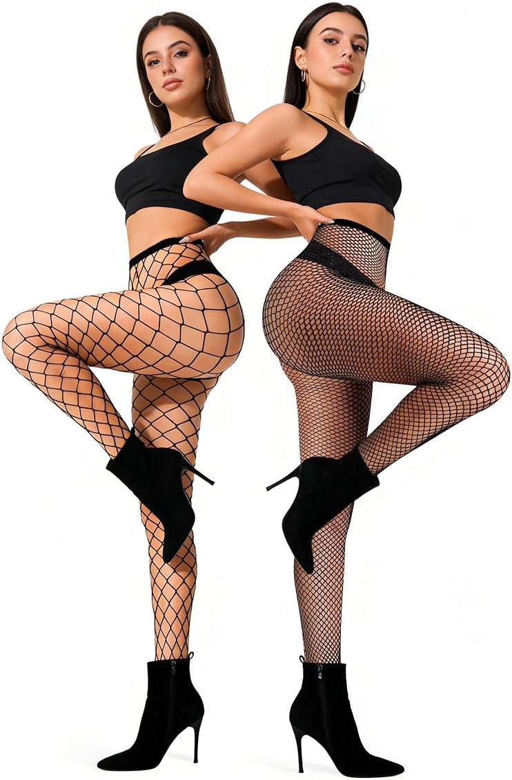 VOAKOW 2 Pairs Black Fishnet Stockings for Women High Waist Fishnets Fishnet Tights Footless Stockings - Image 2