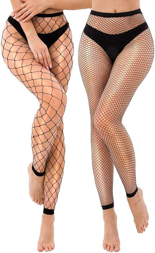 VOAKOW 2 Pairs Black Fishnet Stockings for Women High Waist Fishnets Fishnet Tights Footless Stockings - Image 6