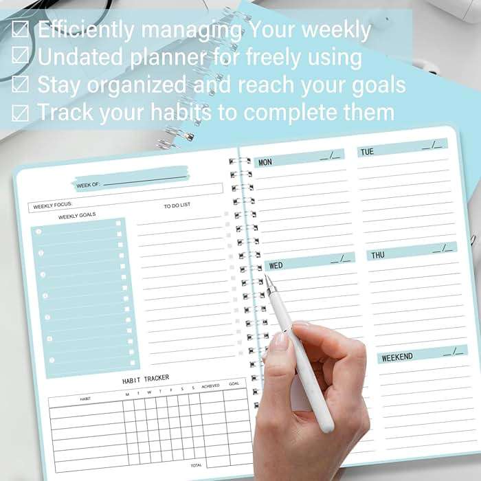 TREES Undated Weekly Planner, Weekly To Do List Notebook with Goal & Habit Tracker Organizer, A5 5.7"" x 8.0"" Weekly Planner Notebook with Spiral Binding for Men or Women, Blue - Image 6