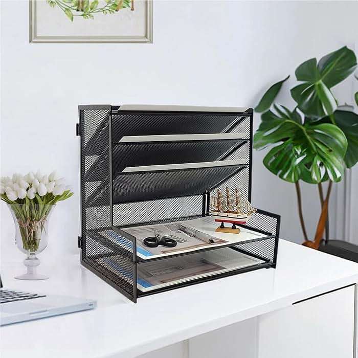 SETTFRFE Metal Desktop File Holder Organizer with 5 Tier Paper Tray, Office Supplies Desk Organizer, Black - Image 6