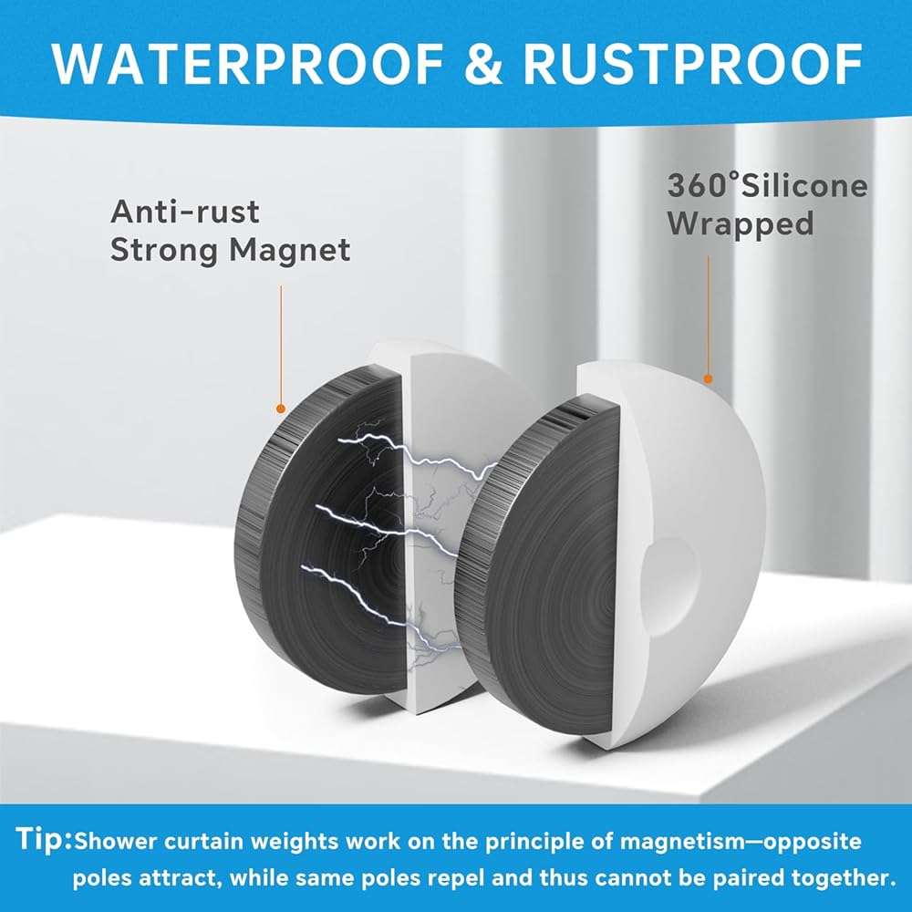MtMinn Shower Curtain Weights - Silicone Fully Wrapped Rustproof Shower Curtain Magnets, No Sew, Waterproof, Anticollision - Heavy Outdoor Weighted Clips for Drapery, Tablecloth, Flag (4 Pairs) - Image 3