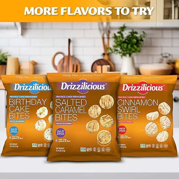 Drizzilicious Mini Rice Cakes Variety Pack- Rice Crisps, Healthy Snack for Adults and Kids, Flavored Rice Cakes, Vegan, Gluten Free Snack, Allergen Free, Only 90 Calories Per Bag- 0.74 oz (Pack of 12) - Image 7