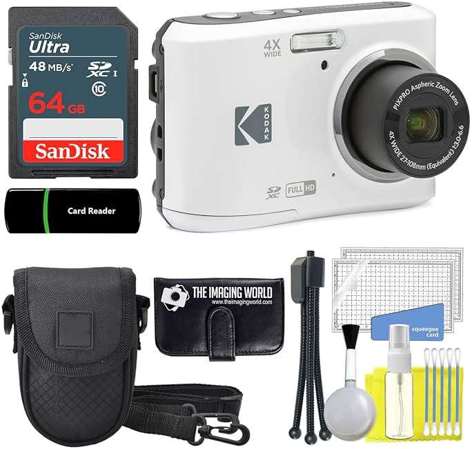 Kodak PIXPRO FZ45 16MP Digital Camera 4X Optical Zoom 27mm Wide Angle 1080P Full HD Video 2.7" LCD Camera (White) + 64GB Card and Reader + Case + Memory Wallet + Tripod + Cleaning Bundle - Image 1