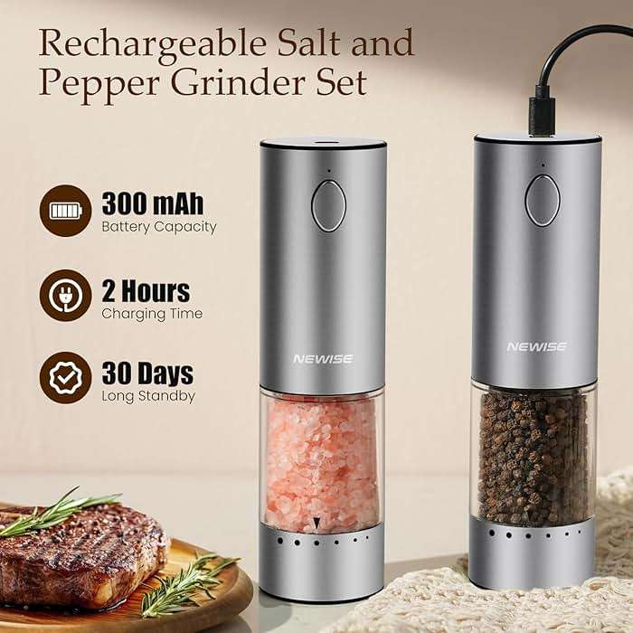 Newise Electric Salt and Pepper Grinder Set - Rechargeable Stainless Steel Salt and Pepper Shakers with LED Lights, Adjustable Coarseness, Large Capacity, Kitchen Appliances Gifts for Women - Image 4