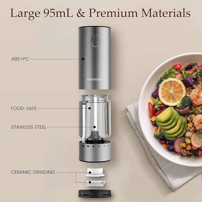 Newise Electric Salt and Pepper Grinder Set - Rechargeable Stainless Steel Salt and Pepper Shakers with LED Lights, Adjustable Coarseness, Large Capacity, Kitchen Appliances Gifts for Women - Image 5