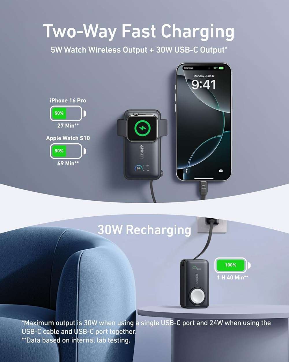 Anker MagGo Power Bank for Apple Watch, Officially Certified 10,000mAh Compact Battery Pack with Built-in USB-C Cable, 35W Max, for iPhone 15 Series, Samsung, iPad, AirPods, and More(Black) - Image 3