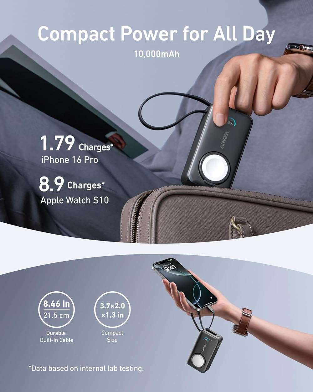 Anker MagGo Power Bank for Apple Watch, Officially Certified 10,000mAh Compact Battery Pack with Built-in USB-C Cable, 35W Max, for iPhone 15 Series, Samsung, iPad, AirPods, and More(Black) - Image 4