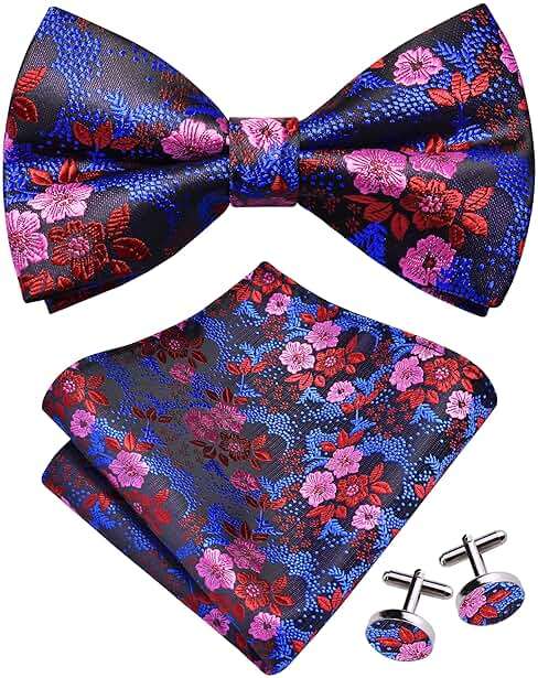 GUSLESON Mens Floral Bow Tie Handkerchief Jacquard Woven Adjustable Pre-Tied Bowties Pocket Square Cufflinks Set - Image 1