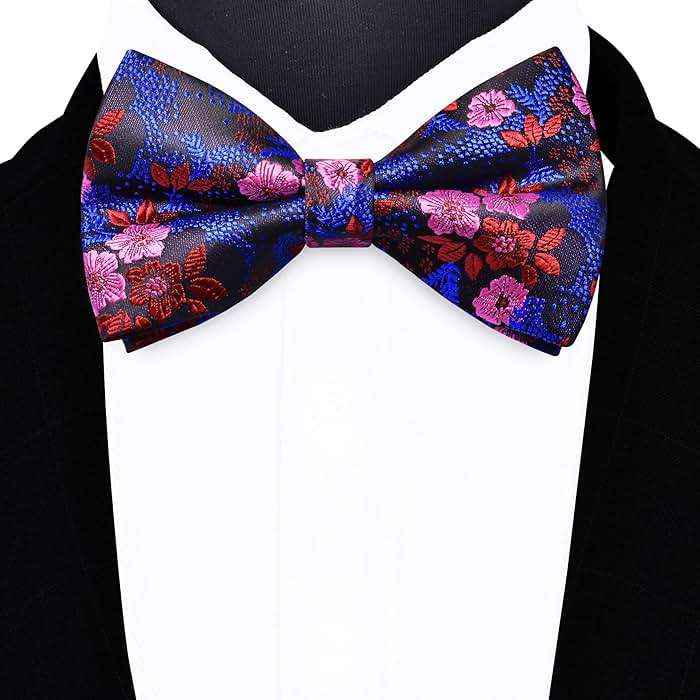 GUSLESON Mens Floral Bow Tie Handkerchief Jacquard Woven Adjustable Pre-Tied Bowties Pocket Square Cufflinks Set - Image 2